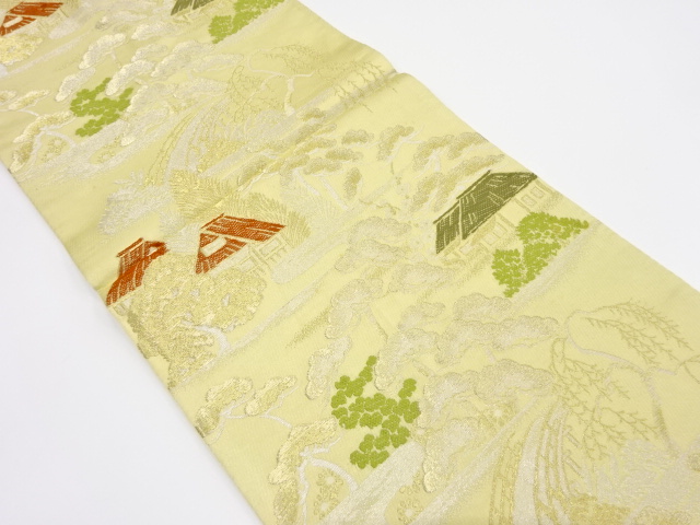 JAPANESE KIMONO / ANTIQUE FUKURO OBI / WOVEN SCENERY OF COUNTRYSIDE